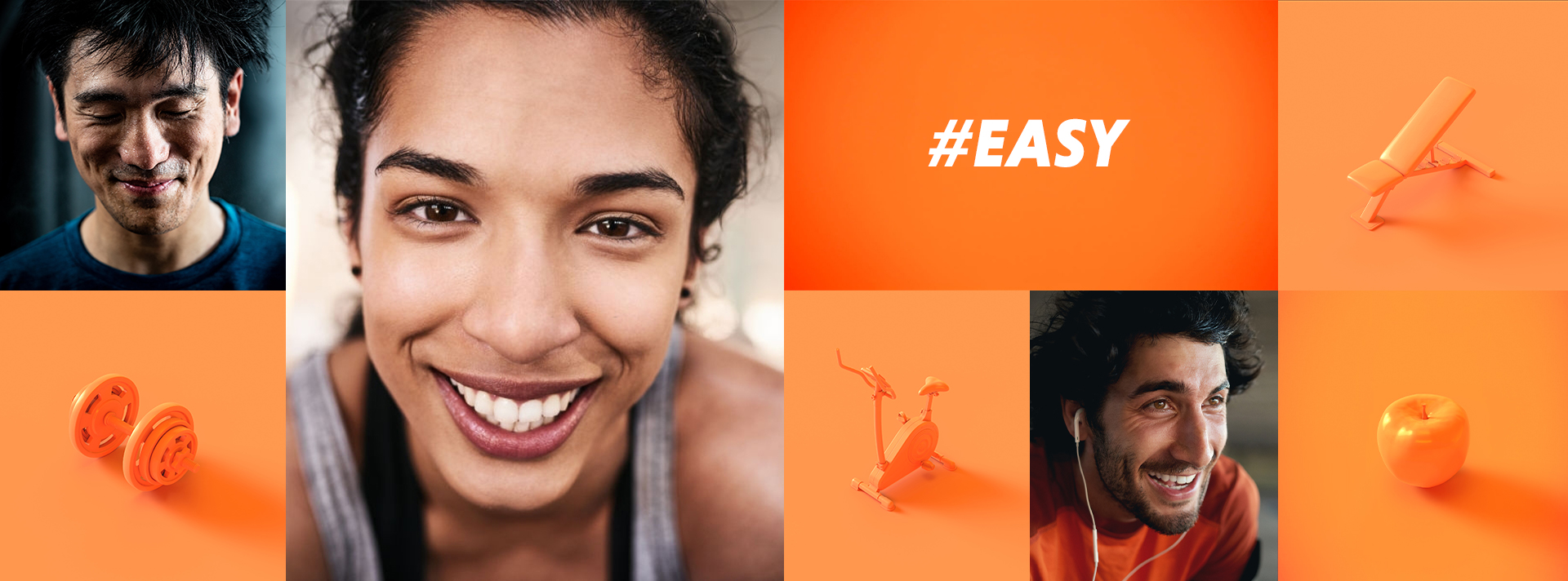 Photomontage of several elements that characterize easyGym. Three photos of smiling people, objects related to sport and health with shades of orange: dumbbells, running bike, apple